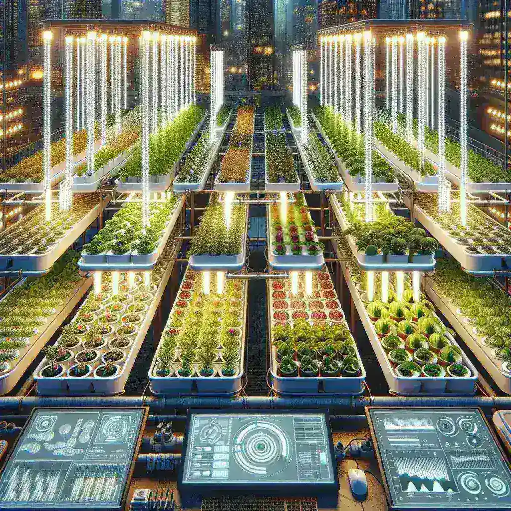 "Modern hydroponic farming installation showcasing vertical growing systems and vibrant produce, illustrating innovative urban agriculture practices for sustainable food production."