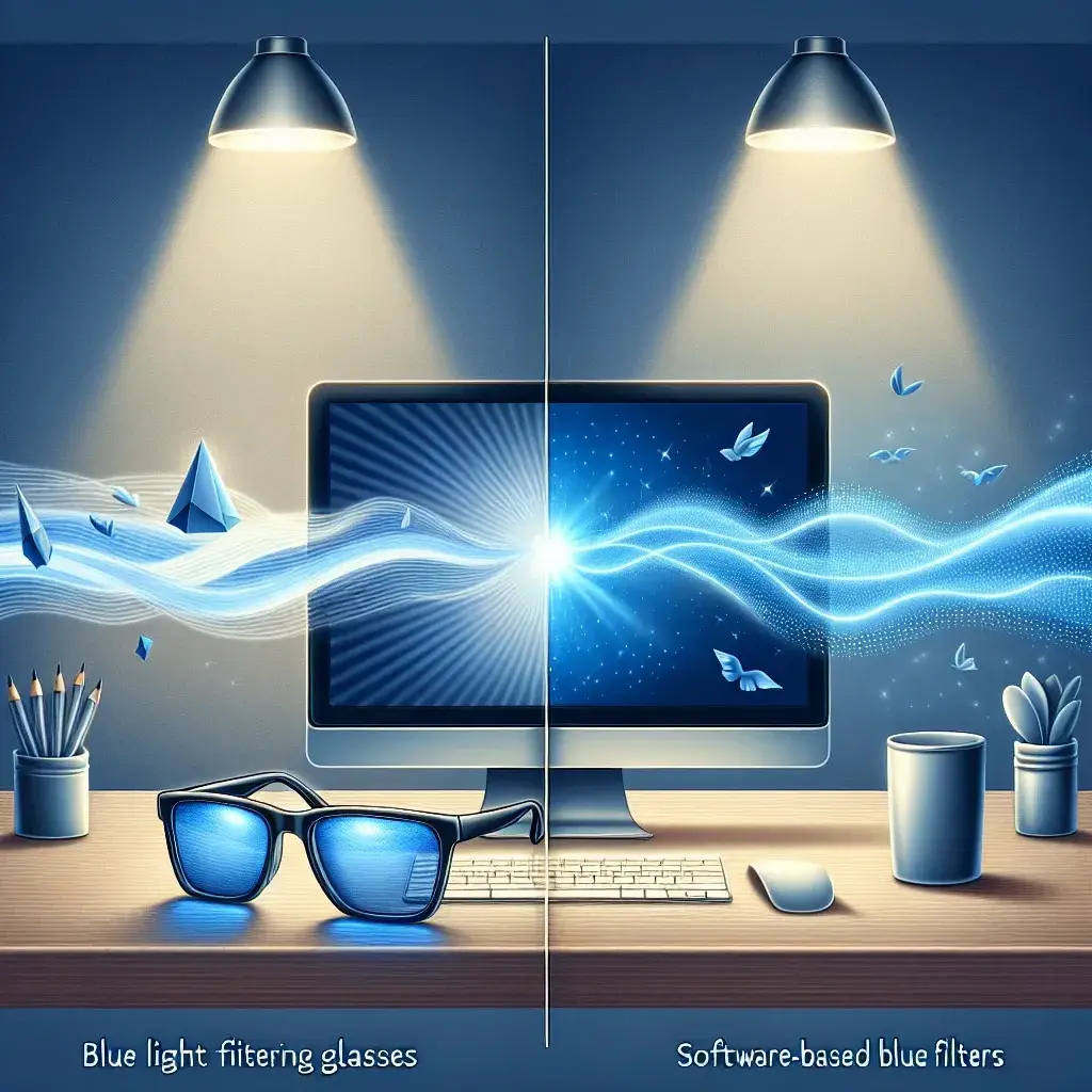 How do blue light filtering glasses differ from software-based blue light filters?