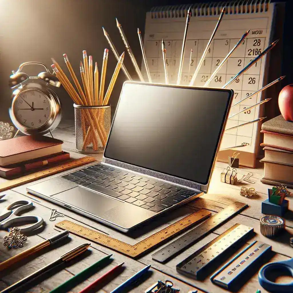 "MacBook Air M4 on a desk with school supplies, showcasing back-to-school discounts available after Prime Day"