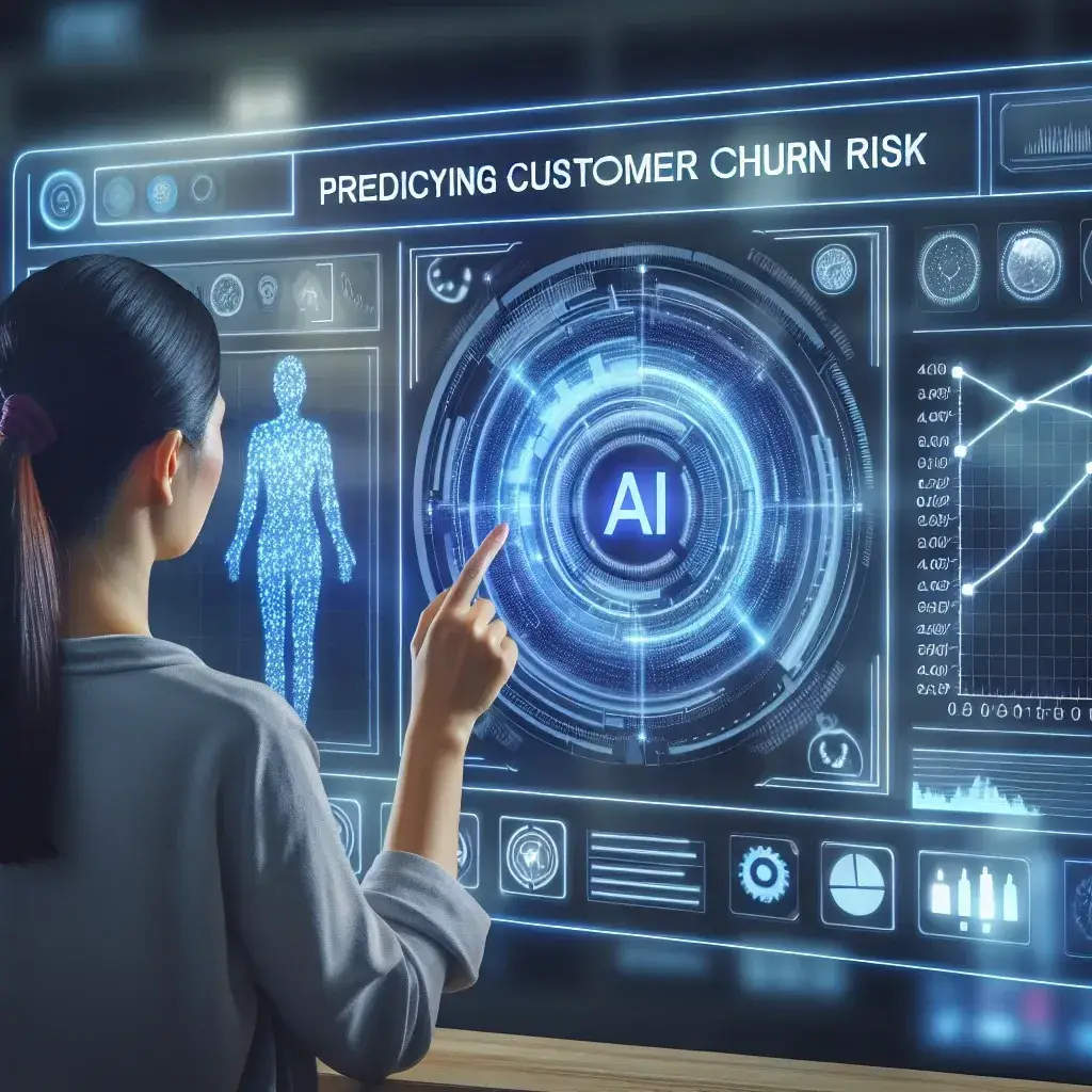 "Visual representation of Zoho CRM's AI dashboard highlighting customer churn risk predictions with analytics graphs and metrics."