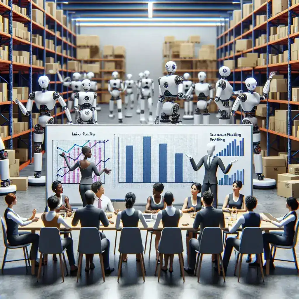 "AI-powered humanoid robot working alongside warehouse staff, showcasing the integration of advanced technology in labor tasks and the ongoing debates about U.S. workforce reskilling in the age of automation."