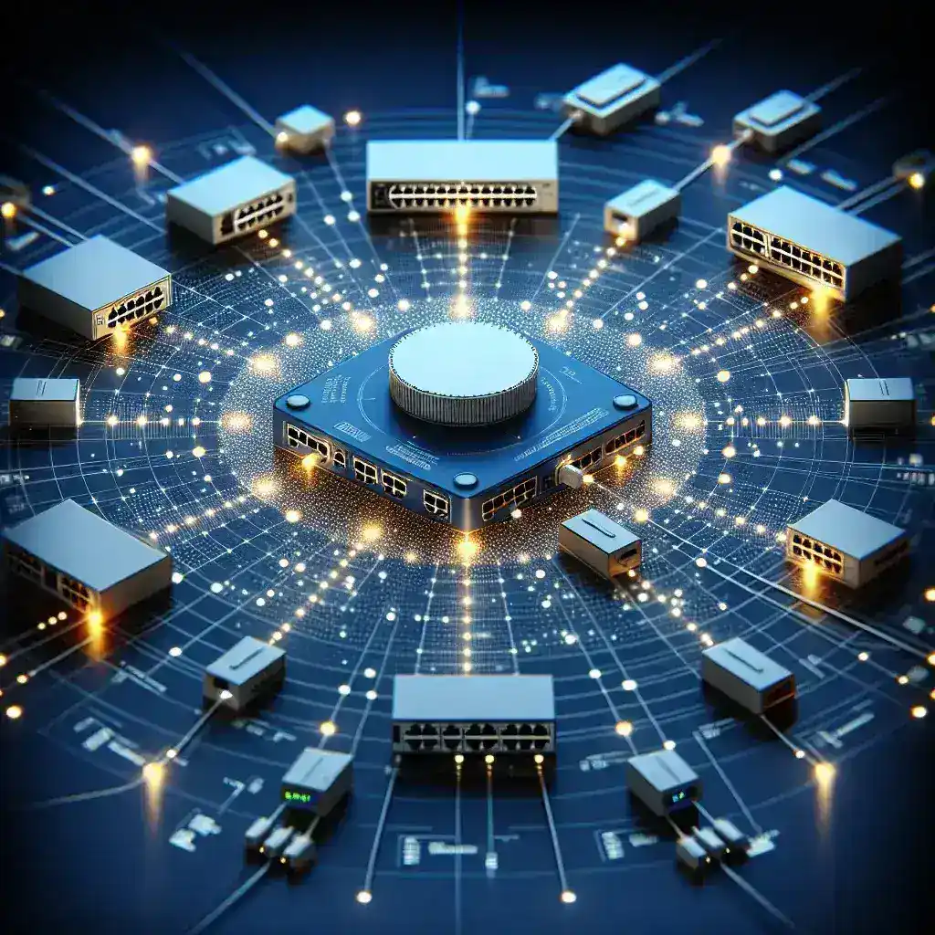 How do you integrate a hub into a network with switches and routers?